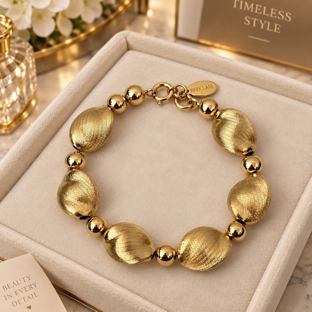 Park Lane Gold Tone Ribbed Textured Bead Statement Bracelet Signed